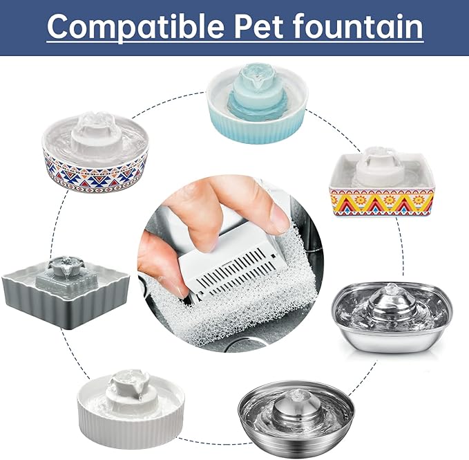 Cat Water Fountain Replacement Filters, 8 Pack Cat Fountain Carbon Filters and 2 Pack Foam Filters for Ceramic Pet Drinking Fountain and Stainless Steel Pet Water Fountain (8+2 Pack)