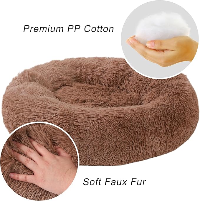 Calming Dog Bed, Dog Beds Fits up to 40 lbs Pets, Fluffy Donut Dog & Cat Bed Washable, Round Anti Anxiety Dog Bed, Small Dog Bed with Non-Slip Bottom (Khaki, 28" x 28")