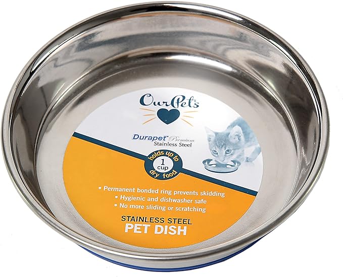 Our Pets DuraPet Stainless Steel Non-Slip (Cat Food Bowl or Water Bowl) (Holds up to 1 Cup of Wet or Dry Food) Easy to Clean