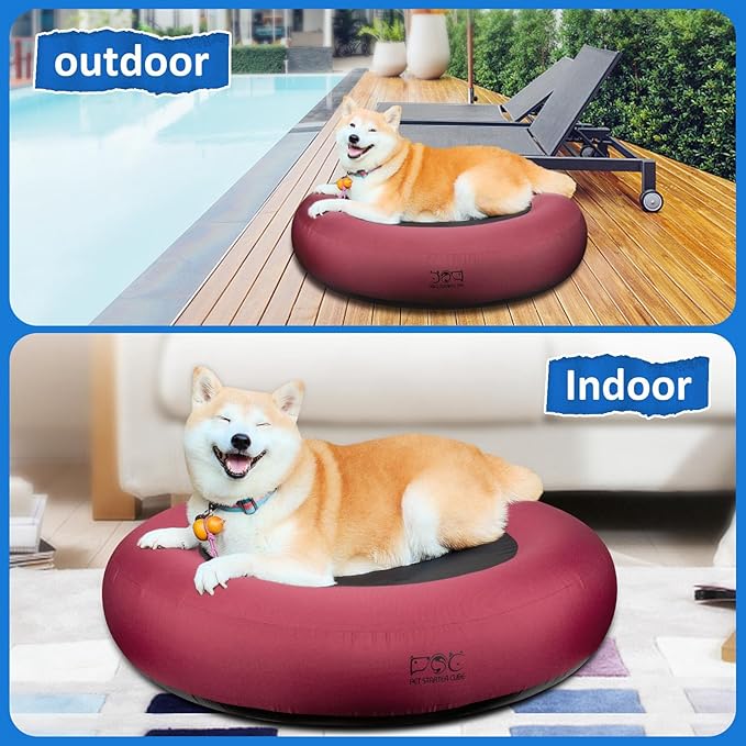 Elevated Dog Bed,Inflatable Dog Bed Raised,Pet Cushion Sofa for Medium Dogs,Portable Dog Cot Doughnut Round Stand,Waterproof Dog Bed Frame for Indoor,Outdoor(Red)