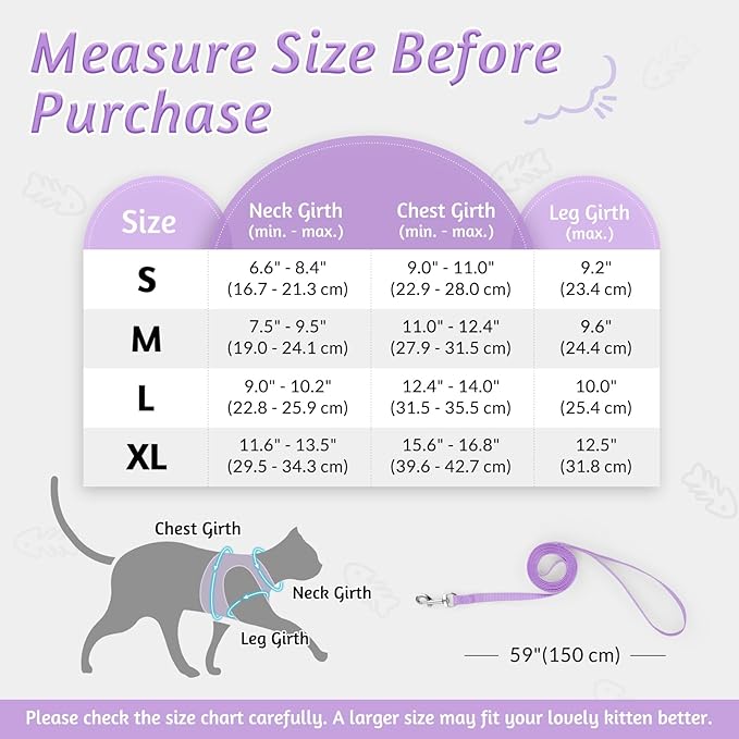 rabbitgoo Cat Harness and Leash Set for Walking Escape Proof, Adjustable Soft Kittens Vest with Reflective Strip for Cats, Comfortable Outdoor Vest, Light Purple, S