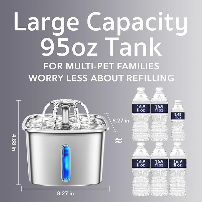 Veken Innovation Award Winner Stainless Steel Cat Water Fountain, 95oz/2.8L Automatic Pet Fountain Dog Water Dispenser with Replacement Filters & Silicone Mat for Cats, Dogs, Multiple Pets (Silver)