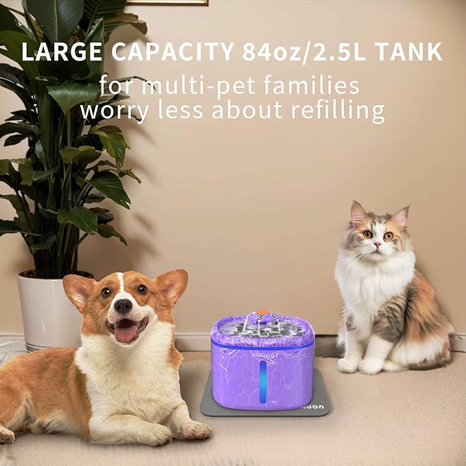 Cat Water Fountain 84oz/2.5L - Automatic Pet Fountain & Dog Water Dispenser with Replacement Filters & Feeding Mat for Cats, Dogs, Multiple Pets (Camouflage Purple)