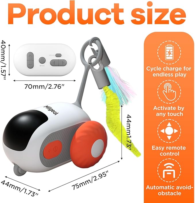 Turbo Tail 3.0, Teazys Cat Toy Turbo Tail, Smart Remote Control Electric Interactive Cats Toy, Type-C Rechargeable Turbo Tail Mouse Cat Toy with Feathers (2pcs Orange)