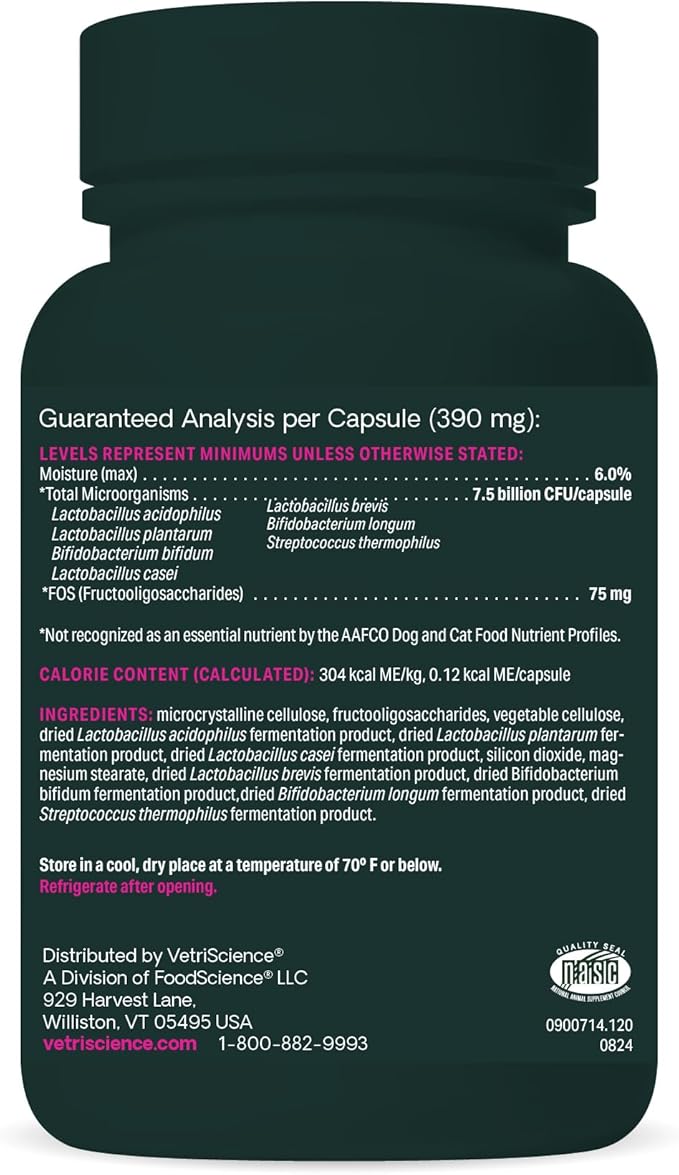 VetriScience Extra Strength Gut Health Probiotics for Dogs & Cats, Digestion Support, Gas & Diarrhea, Itchy Dogs, Cough, Immune Support, 7.5 Billion CFU Per Capsule, 120 Count