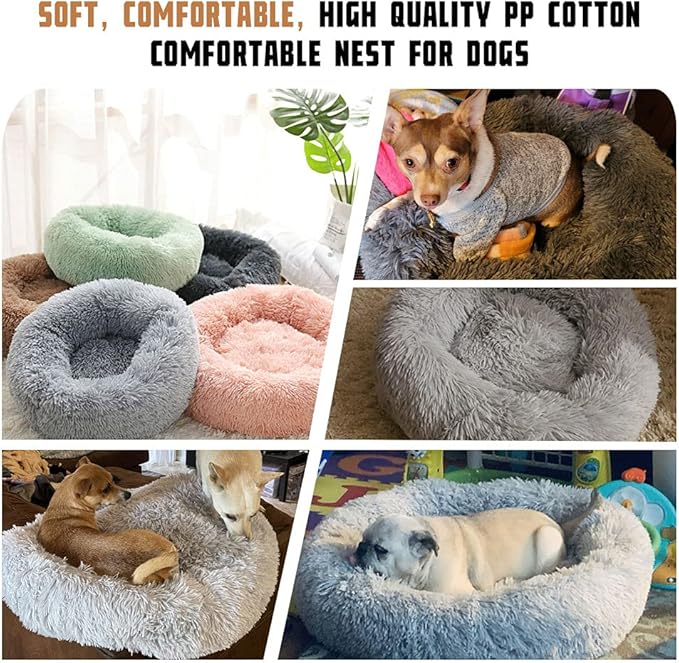 Dog Bed Calming Dog Beds for Small Medium Large Dogs - Round Donut Washable Dog Bed, Anti-Slip Faux Fur Fluffy Donut Cuddler Anxiety Cat Bed(28'' Khaki