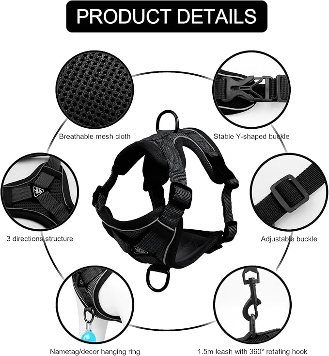 Cat Harness and Leash Set: Upgraded Escape Proof Vest with Lead for Large Cat Small Dog Puppy Walking, Soft Jacket Reflective Strips, Black (L)