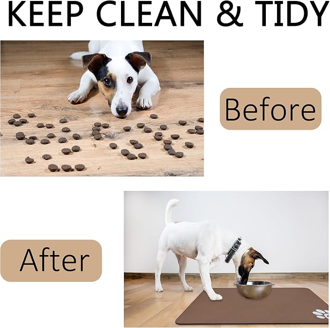 YCT Pet Feeding Mats - Non-Slip, Super Absorbent, 18.1 x 11.8 inches, Brown with Footprints Logo