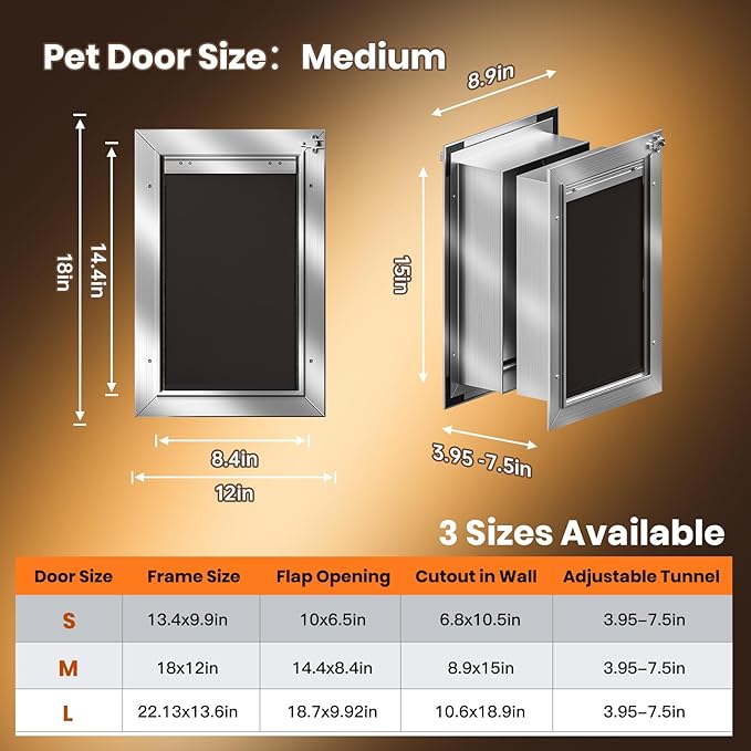 Dog Door for Wall, Medium Doggy Door, Heavy Duty Cat Pet Door, All Aluminum Frame, Double Magnetic Flaps, Energy Efficient, Telescoping Tunnel, Sliding Lock Panel, Easy to Install (Pets Up to 45 Lb)