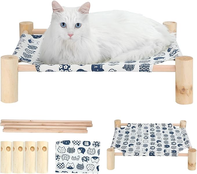TUSATIY Cat Wooden Hammock Bed, Pine Wood, Elevated Pet Sleeping, Breathable, Removable, Washable, Anti-Moisture, Stable Support, 39 lbs