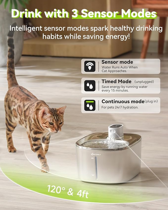 Wireless Cat Water Fountain, 135 fl oz/4L Battery Operated Cat Fountain Stainless Steel with Water Level Window, 3 Work Modes, Cordless Pet Water Fountain for Cats, Dogs, Pets, Inside