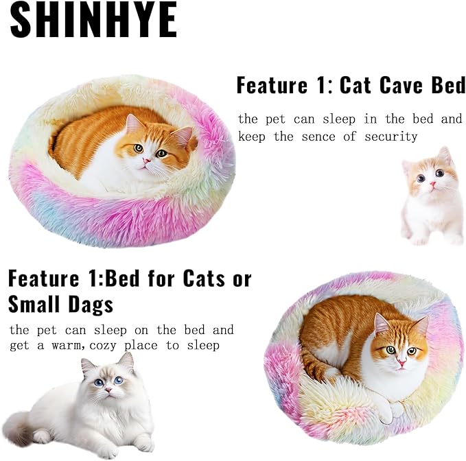 ShinHye Cat Bed Round Plush Fluffy Hooded Cat Bed Cave, Cozy for Indoor Cats or Small Dog beds, Soothing Pet Beds Doughnut Calm Anti-nxiety Dog Bed - Waterproof Bottom Washable (20×20inch, Multicolor)