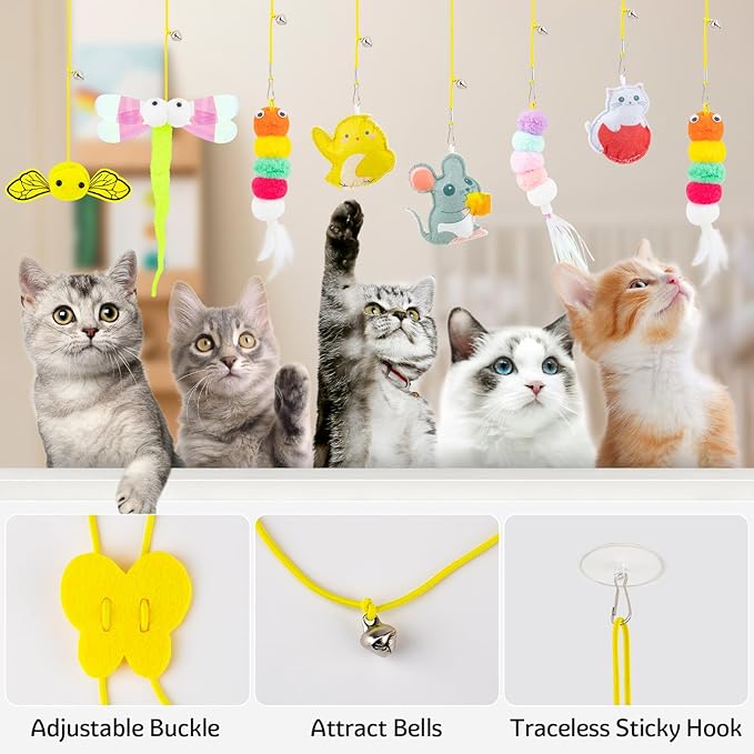 8PC Interactive Cat Toy Cat Feather Toy, Hanging Cat Toy Cat Door Toy Retractable Cat Teaser Hunting Toy, Door Hanging Kitten Mouse Toy Door Frame Hanger for Indoor Cat Mental Physical Play