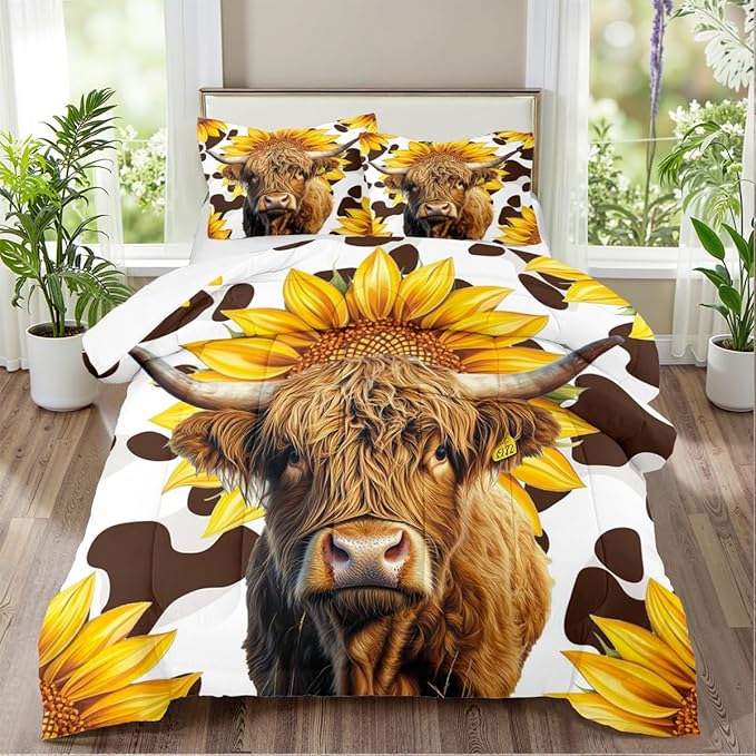 Highland Cattle Comforter Set Twin Cute Animal Bedding Set Aesthetic Microfiber Comforters Soft with 1 Pillowcase