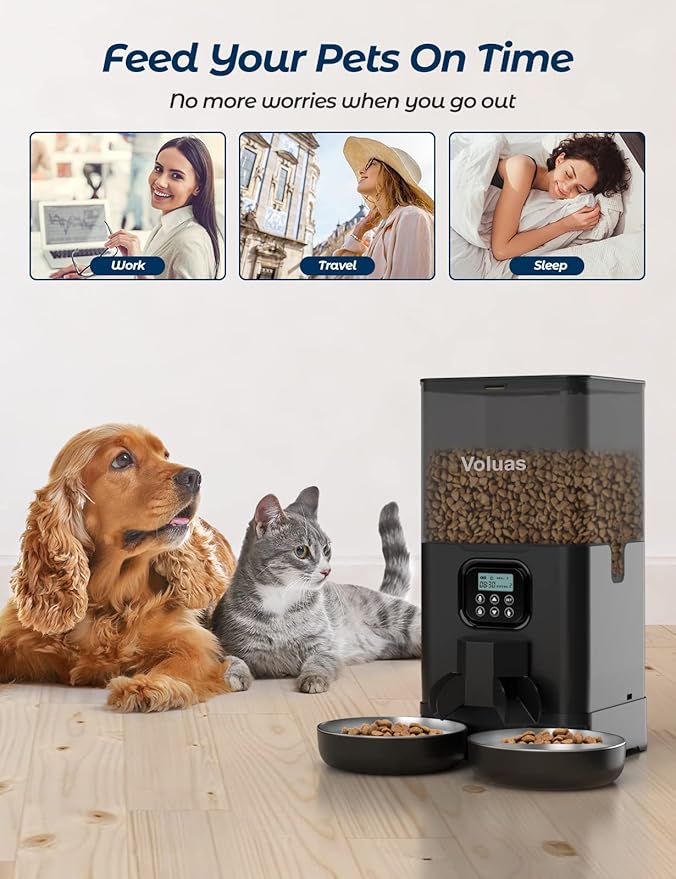 Voluas Automatic Cat Feeder for Two Cats, Double Pet Feeder with 2 Stainless Steel Bowls,6L Timed Cat Feeder with Memory Function, Pet Food Dish