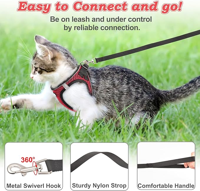 Cat Harness and Leash for Walking Escape Proof, Adjustable Kitten Vest Harness Reflective Soft Mesh Puppy Harness for Outdoor, Comfort Fit, Easy to Control (Red, M)