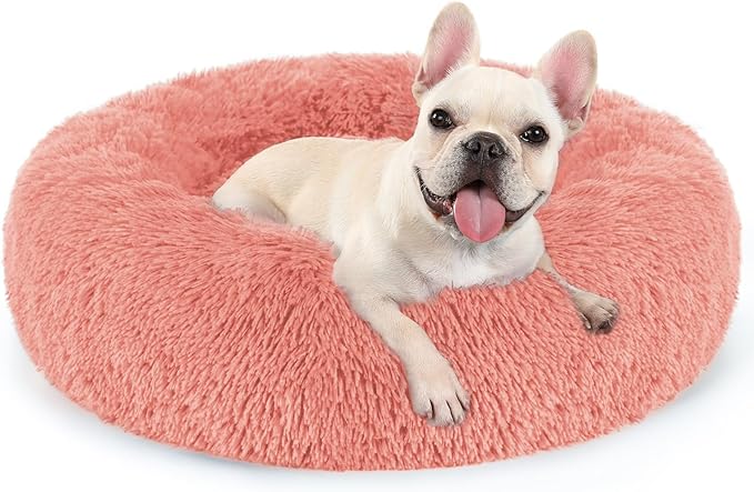 rabbitgoo Dog Bed for Small Dogs, 24 inches Washable Small Dog Bed, Fluffy Donut Dog Bed Anti-Slip, Calming Soft Plush Round Pet Bed for Dogs, Fits up to 18 lbs Pets, Pink