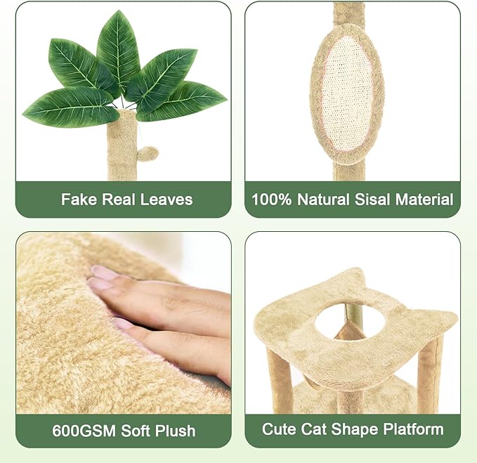 61" Large Cat Tree Tower for Indoor Cats with DIY Green Leaves Scratching Post Multi Soft Hang Ball Plush Cat House Furniture 360° Rotating Cat Scratch Board with Hammock, Beige