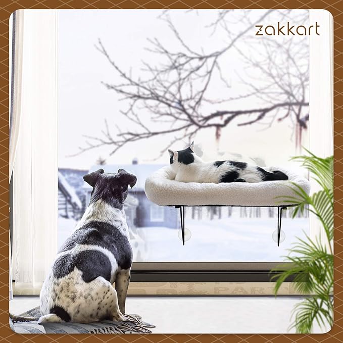 Cat Window Perch - 100% Metal Supported from Below - Comes with Warm Spacious Pet Bed - Cat Window Hammock for Large Cats & Kittens - for Sunbathing, Napping & Overlooking (White)