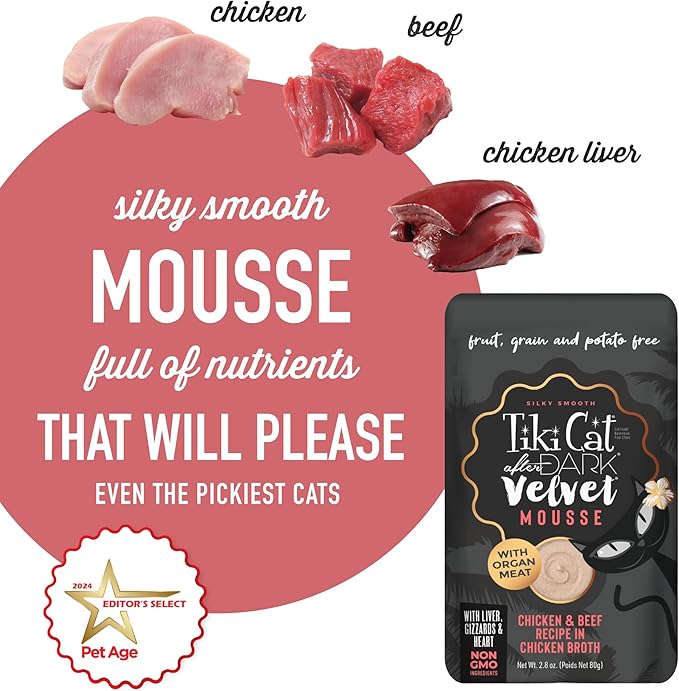 Tiki Cat After Dark, Velvet Mousse, Chicken & Beef Recipe in Chicken Broth, Grain & Potato Free Formula, with High Protein & Nutrient Dense Blended Irresistible Organ Meat, 2.8 oz. Pouch (Pack of 12)