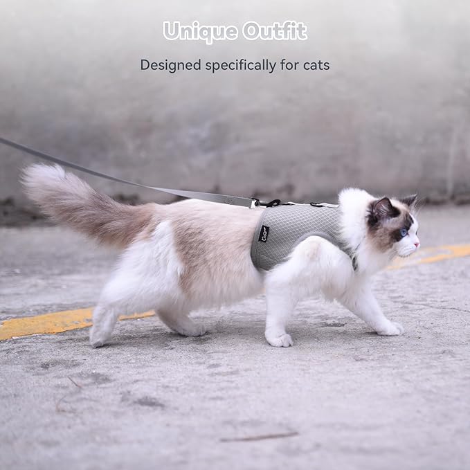 Kitty Harness and Leash for Walking Escape Proof Breathable Mesh Fabric, Solid Grey, X-Small, Adjustable Cat Walking Jackets, Padded Stylish Cat Vest