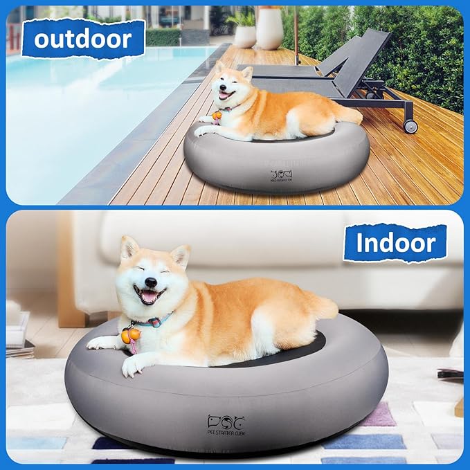 Elevated Dog Bed,Inflatable Dog Bed Raised,Pet Cushion Sofa for Medium Dogs,Portable Dog Cot Doughnut Round Stand,Waterproof Dog Bed Frame for Indoor,Outdoor(Grey)