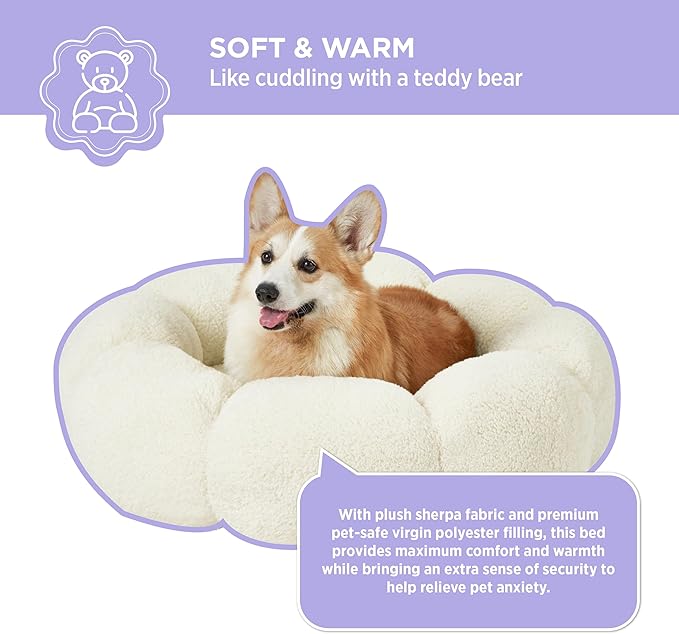 Lesure Calming Large Dog Bed - Flower Donut Round Fluffy Puppy Bed in Plush Teddy Sherpa, Non-Slip Cute Flower Dog Beds, Large Pet Bed Fits up to 100 lbs, Machine Washable, Cream 36"