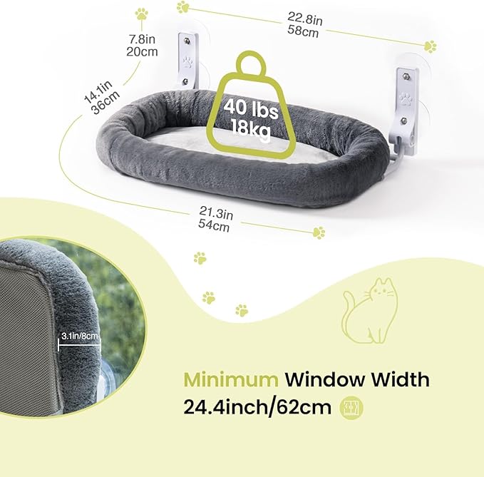 Mewoo Cat Window Perch, Cordless Cat Window Hammock with 4 Strong Suction Cups, Embeded Cat Hammock for Window, Steel Frame and Removable Soft Cover (Dark Grey, Medium)