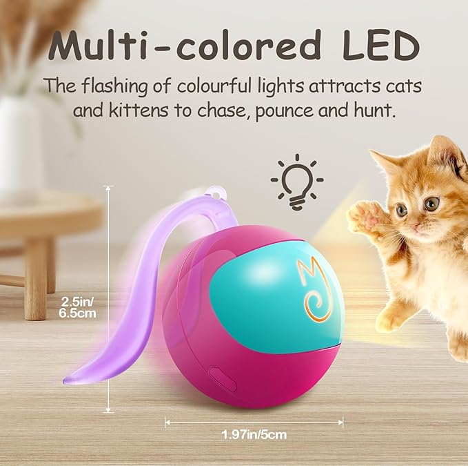 Migipaws Interactive Cat Ball Toy Set, Fun Tracker, Automatic Rolling Chase Ball with Fluffy Tail, A Small Mice, Rechargeable(Rose)