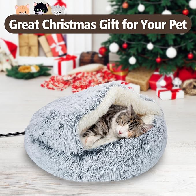 MEWTOGO 19.7in Heated Cat Bed with Hooded Cover - Warm & Soft Cat Cave Bed with Pet Heating Pad, 6 Levels Adjustable Temp & Timer, Washable for Small Pets Up to 16.5lb and Cat Gifts