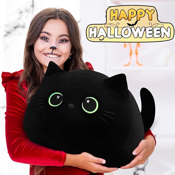 19'' Black Cat Plush Toy- Giant Black Cat Stuffed Animal, Large Black Cat Plushie Kawaii PlushiesGreen Star Eyes Cat Plush Pillow, Black Cat Decor Plush Toys Plushie Christmas Birthday Gift for Kids