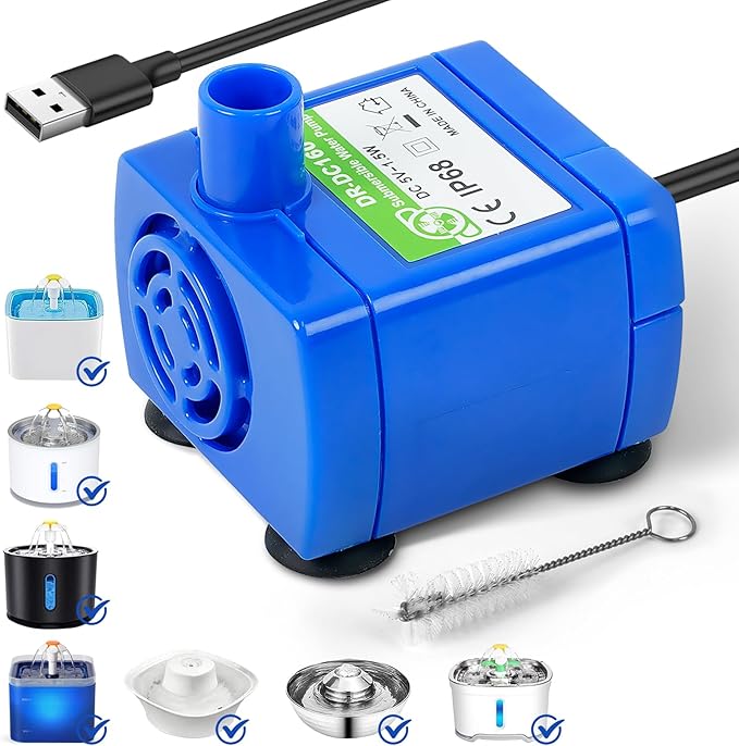 IP68 DR-DC160 submersible water pump Cat Water Fountain Pump for Tritone Ceramic, Stainless Steel, Round Flower Cap Cat Fountains, Automatic Pet Water Dispenser Replacement Pump (No LED & With Brush)