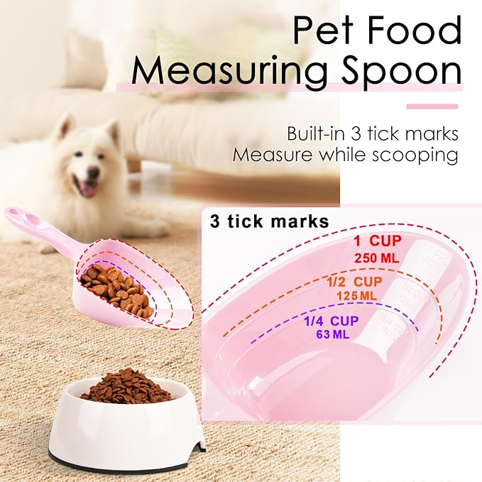 Melamine Pet Food Measuring Scoop, 1 Cup 1/2 Cup 1/4 Cup with Clear Measurement Lines for Dog, Cat, Bird, and Rabbit, Durable, Ergonomic Handle, Dishwasher safe-Pink
