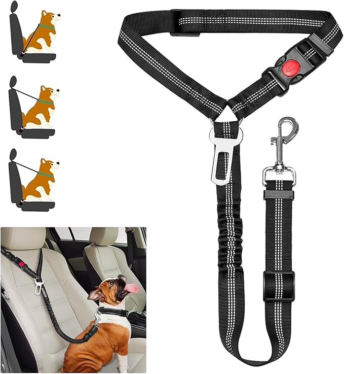 1 Packs Removable Dog Seat Belt Harness for Car, 3 in 1 Pet Dog Car Seatbelt Leash, Retractable Restraint Secures to Vehicle Headrest & Adjustable Reflective Dog Seatbelt Tether