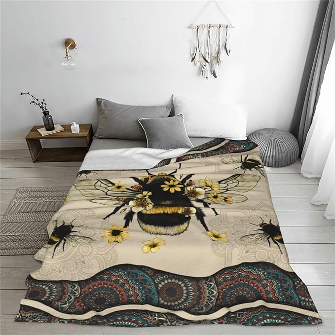 Bee Blanket Bees Sunflower Decor Throw Blanket Super Warm Soft Plush Lightweight Fleece Flannel Winter Bohemia Blanket Gifts for Girls Boys Baby Kids Women Couch Bedding 50"X60"