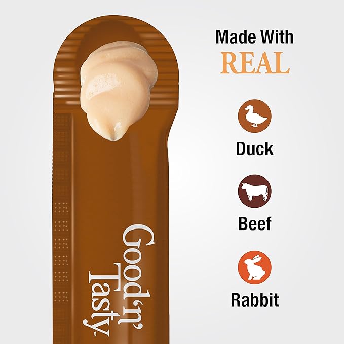 Good ‘n’ Tasty Savory Spoonables with Real Duck, Beef & Rabbit, 10 Count Tube, Triple Flavor Squeezable Lickable Wet Treats for Cats with Built-in Spoon for Less Mess