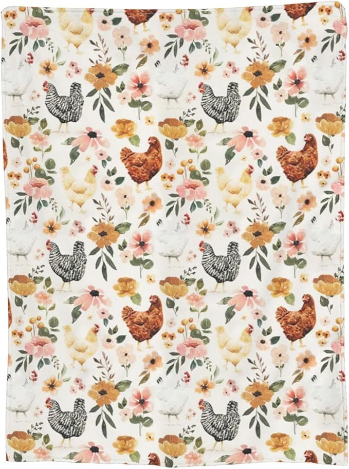 Chicken Floral Blanket Rooster Hen Printed Decor Throw Blanket Warm Soft Plush Lightweight Fleece Flannel Winter Blanket Farm Gifts for Girls Women Farmer Lover Boys Baby Kids Couch Bedding 50"X60"