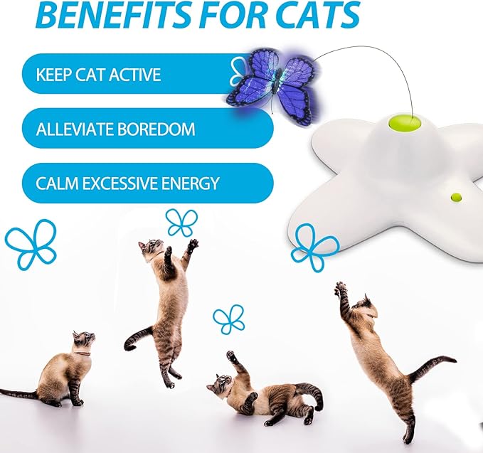 ALL FOR PAWS Interactive Cat Toy, Butter-Fly Cat Toys Interactive for Indoor Cats,Flutter Bug Cat Toys,Flutter Rotating Kitten Toys with 2 Replacements
