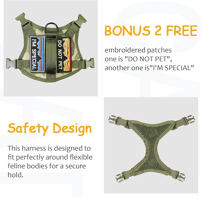Tactical Cat Harness for Walking, Adjustable Escape Proof Pet Vest for Large Cat,Easy Control Breathable Cat Vest with Handle,Molle Patches (Camo Green, L)