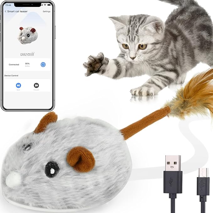 Cat Toys APP Bluetooth Smart Cat Mouse Toys Electronic Interactive Hunting Cat Toy for Indoor Mice Toys Automatic Moving Remote Control Cat Toy Exercise Cat for Bored Indoor USB Rechargeable(Gray)