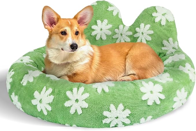 Cat Bed & Dog Bed, Removable Cozy Soft Cat Bed Washable Round Cute Dog Bed with Jacquard for Small Medium Cats and Dogs, Green Flower S