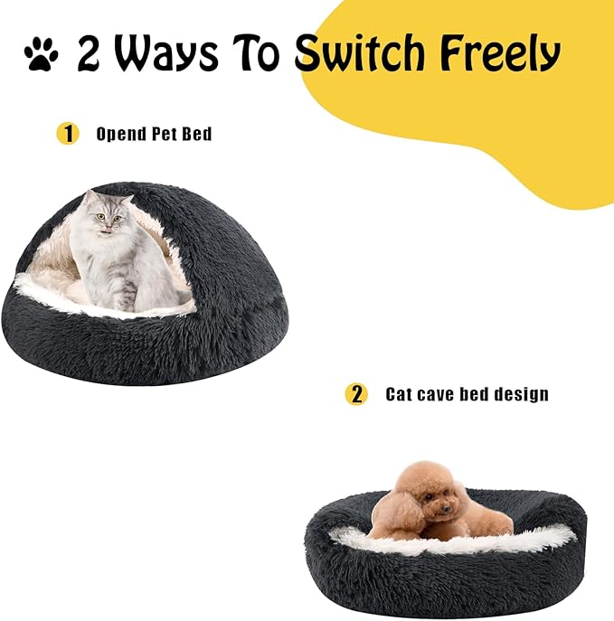 Round Hooded Cat Bed & Dog Bed with Cover Cave, Dog Bed for Small Dogs, Faux Fur Cuddler Round Coved Cat Bed Self Warming Donut Dog Bed Fits up to 5 lbs Pets(Dark Grey, 16inch x 16inch)