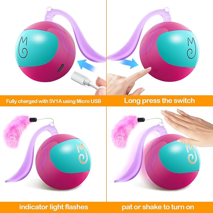 Migipaws Interactive Cat Ball Toy Set, Fun Tracker, Automatic Rolling Chase Ball with Fluffy Tail, A Small Mice, Rechargeable(Rose)