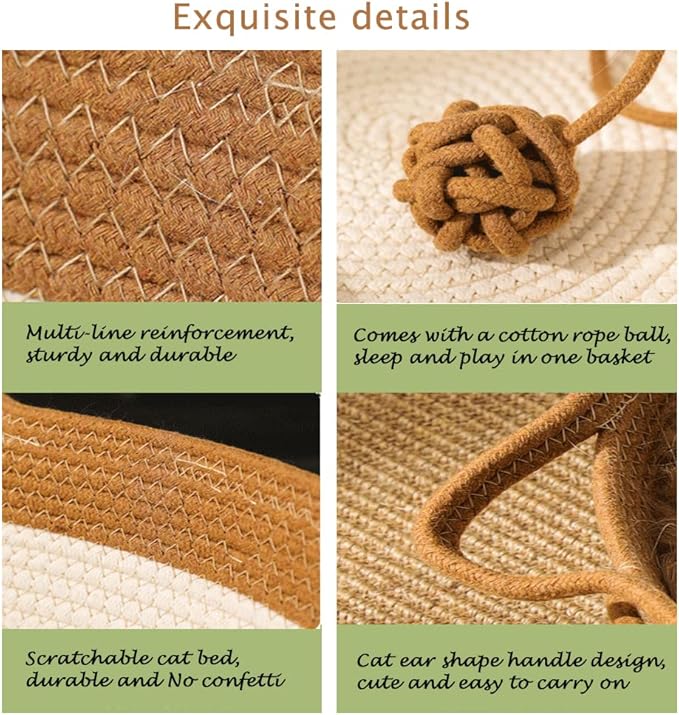 Handwoven Cotton Rope Cat Bed Cat Hammock Foldable Sleeping Nest Basket Handmade Natural Cradle Scratcher Cuddler for Kitten Cute Style with a Playing Rope Ball Large Brown