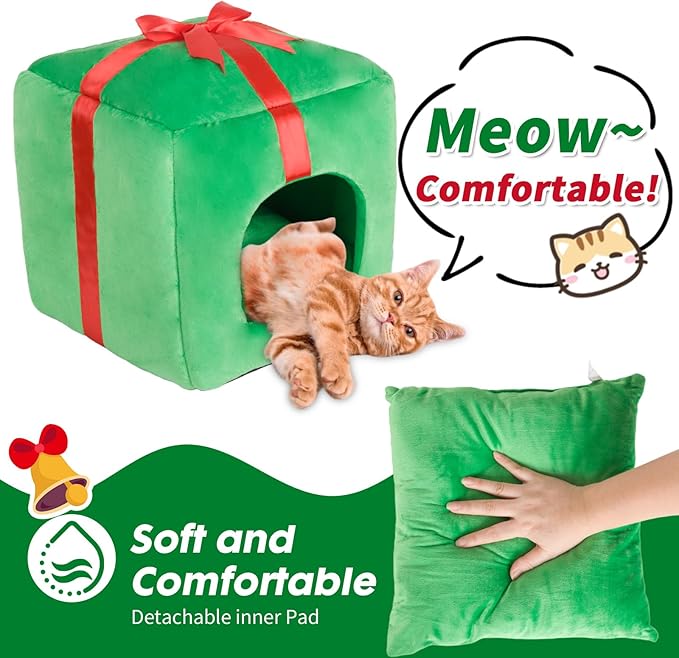 ShellKingdom Christmas Cat House, Cat Cave, Cute Shape Cat Beds for Indoor Cats, Xmas Gift Box Cat Cube with Bed Cushion for Small Pet, 13.77 X 13.77 INCHES (Gift Box Shape)