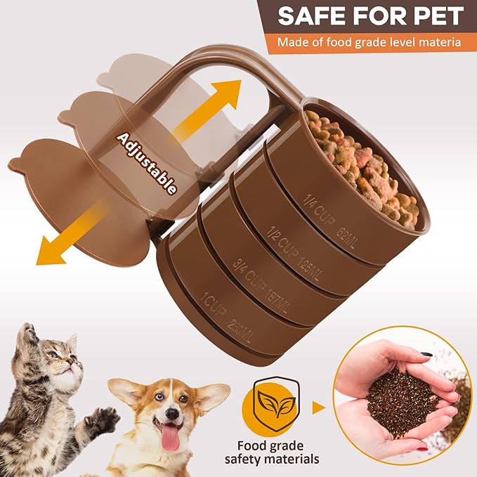 Pet Food Scoop, Dog Food Cups, Plastic Food Scoop with Measuring Lines, (Includes 1 C, 3/4 C, 1/2 C, 1/4 C), Pet Food Measuring Cups for Dog, Cat or Bird Food, Injection Molded and Dishwasher Safe