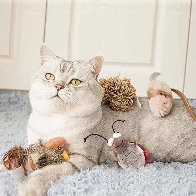 Gigwi Automatic Cat Toys Pack, Interactive Cat Toys Electronic Squeaky Animals Bird/Cricket/Mouse Sounds, Plush Toys for Cats to Play Alone, Play and Squeak Cat Toys for Indoor Cats Boredom,3 Pcs