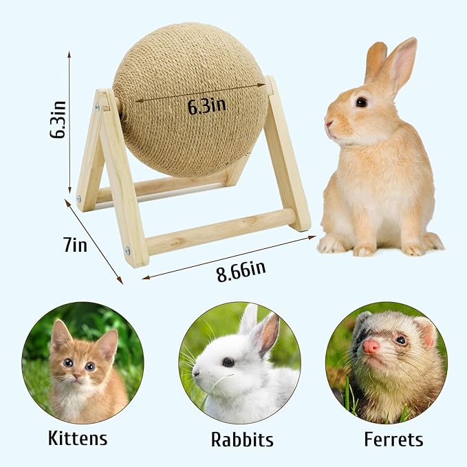 Fhiny Rabbit Scratch Toy, Natural Solid Wood Sisal Scratching Ball for Indoor Kittens, Claws Scratching Ball for Kitten Bunny Guinea Pig Chinchilla Ferret or Other Small Animals (Small)