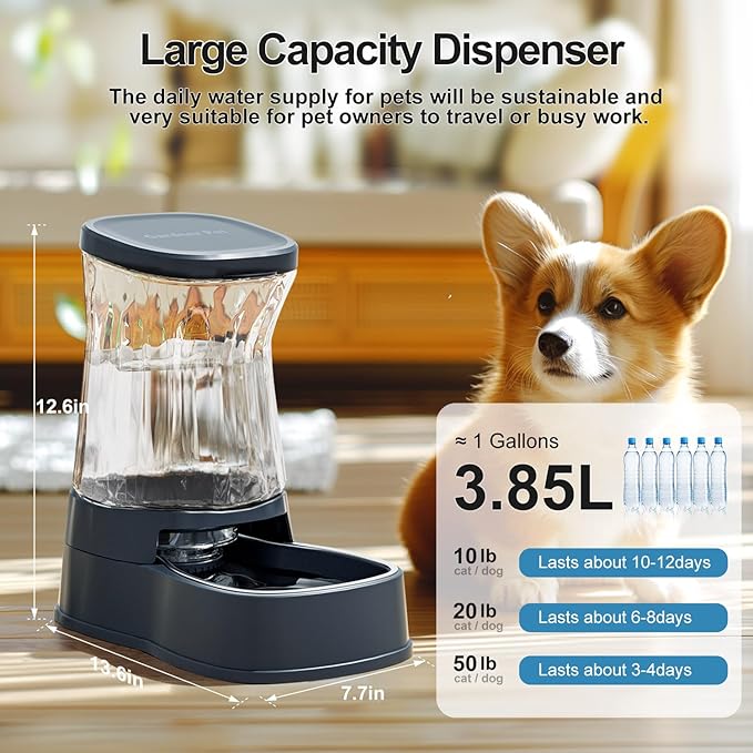Gardner Pet Automatic Dog Water Dispenser Gravity Stainless Steel Water Waterer Feeder, 100% BPA-Free Large Capacity Water Feeding Bowls for Medium & Large-Sized Dogs Cats Other Pets -(1 Gallon)