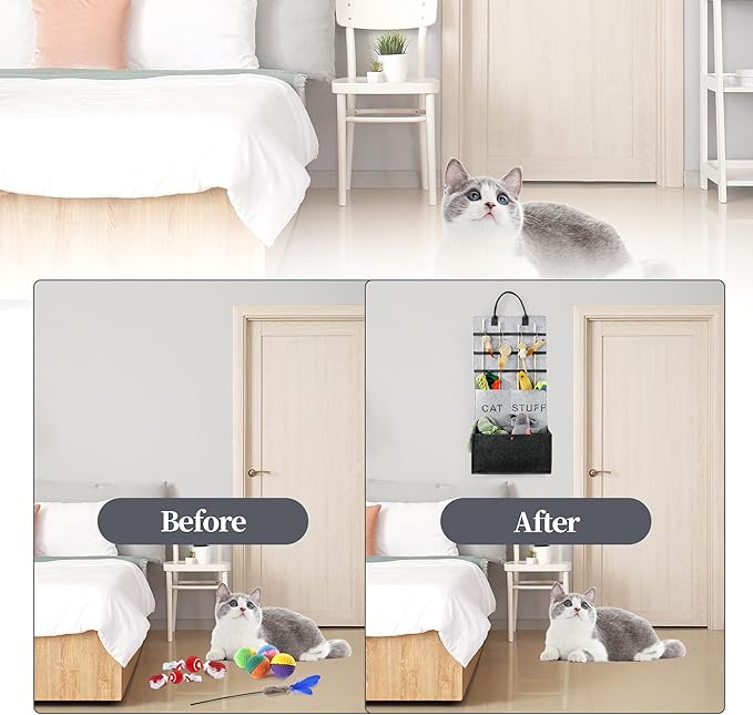 MABOZOO Cat Toy Storage Organizer for Wand Toys,Durable Pet Storage Box with Handle Cat Feather Toy Storage Hanging Bag for Neatly Organizing Teaser Wand Toys(Dark Grey)